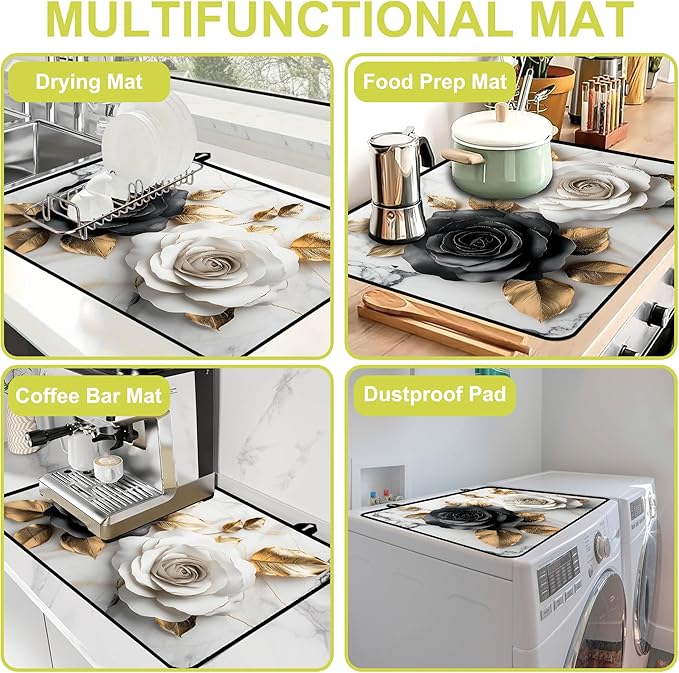 Glass stove top cover 28"x 20", Stove Top Covers for Electric Stove, Flat Range Mat for Glass Cooktop, Kitchen Heat-Resistant Protector Non-Slip Drying Mat (Black and White Roses)