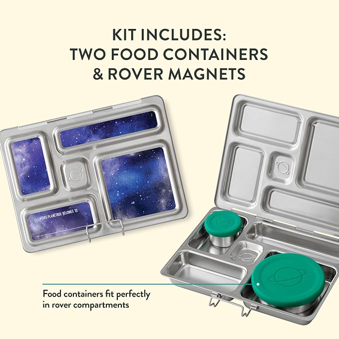 PlanetBox Rover Stainless Steel Bento Box Style Lunch Box Kit for Kids with 5 Compartments – Stardust Edition includes Insulated Lunch Bag, Leakproof Food Containers and Matching Magnets