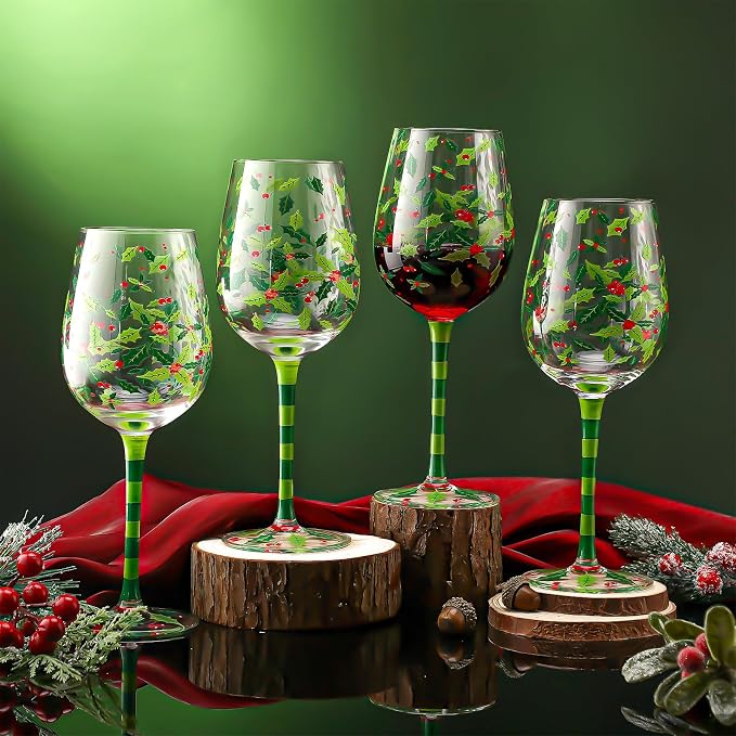 SiliFine 4 Pcs Christmas Holly Berry Party Stemmed Wine Glasses Hand Painted Drinking Cup Wine Glasses Gifts for Birthday Theme Holiday Party Supplies
