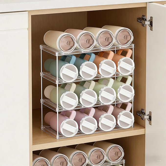 Yieach 4 Tier Waterbottle Organizer for Cabinet - Large Compartment Stackable Water Bottle Holder and Wine Bottle Rack,Acrylic Water Bottle Organizer Rack for 40 oz Stanley Cup,Yeti and Tumbler Shelf