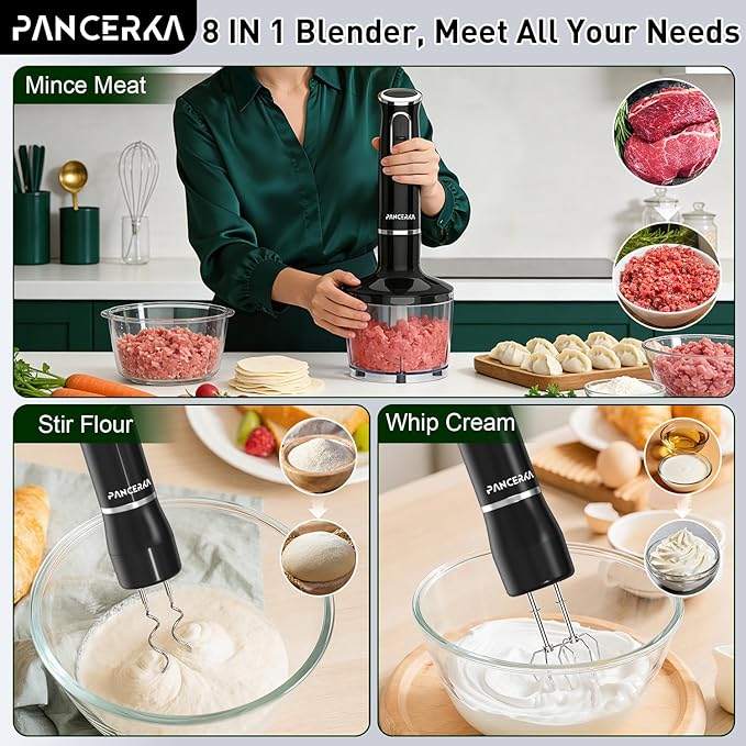 8 In 1 Electric Immersion Blender, Multi-Purpose Hand Blender With Turbo Mode, Detachable Base, 304 Stainless Steel handheld blender With Whisk, Milk Frother Attachments, For Smoothies