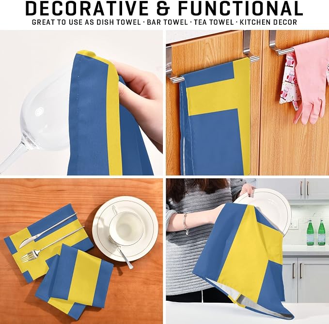 Swedish Flag Kitchen Towels Set with Hanging Loop, Kitchen Hand Towels, Tea Towels, Premium Dish Towels for Kitchen, Quick Drying Kitchen Towel Set 18”x 28”