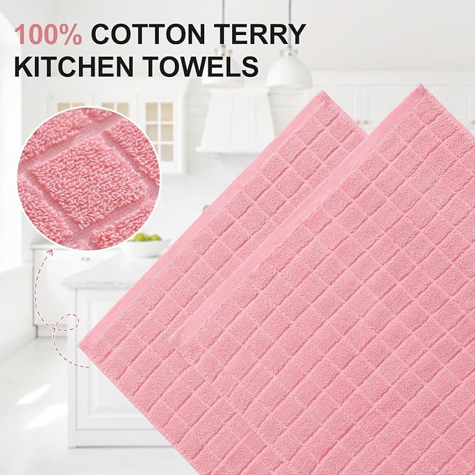 Homaxy Premium Cotton Kitchen Towels 16"x 28", Large Natural Ring Spun 390 GSM Dish Towels, Super Absorbent Terry Kitchen Hand Towels, Soft Tea Towels with Hanging Loop, Pure Pink Design, 6 Pack