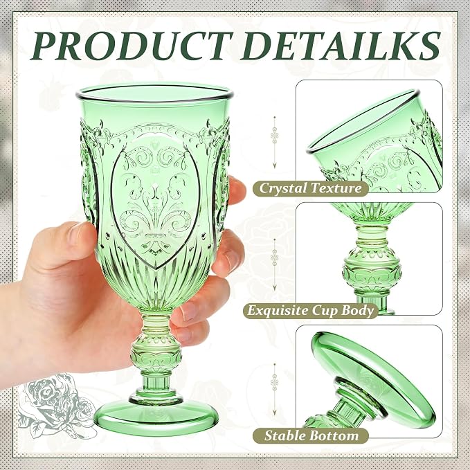 Wiwiqing 24 Pcs Plastic Goblets 7.5oz Vintage Goblet Plastic Wine Glasses Colored Retro Embossed Water Goblets for Wine Bar Juice Baby Shower Wedding Reception Grand Event Party (Green)