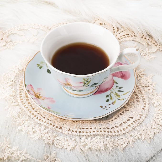 fanquare 5-Ounce Floral Tea Cups and Saucers Set of 6, Assorted Pastel Flowers Porcelain Coffee Cup with Gold Trim, Dishwasher & Freezer Safe