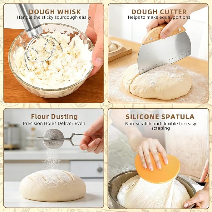 Sourdough Bread Baking Supplies, Sourdough Starter Kit, Banneton Bread Proofing Basket Tools Set, Ideal Gifts for Bakers Women Mom Wife