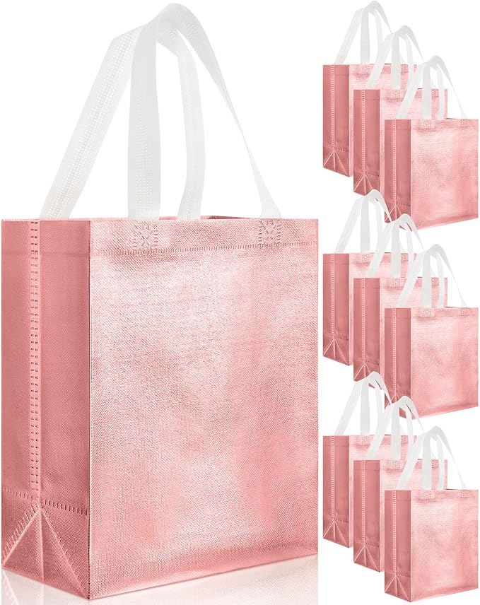 Eccliy Reusable Gift Bags Set Glossy Grocery Gift Tote Bag with Handle for Wedding, Bridal Shower, 4th of July, Summer Event(10 x 8 x 4.7 Inch,Rose Gold,80 Pcs)