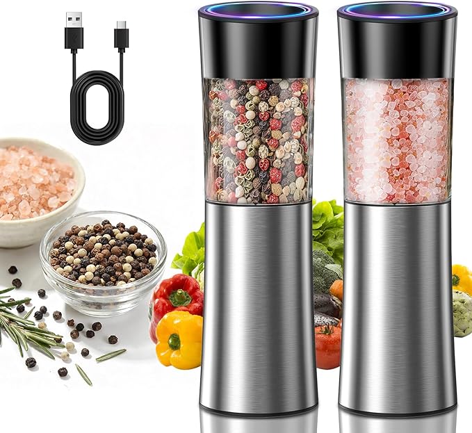 CIRCLE JOY Rechargeable Gravity Electric Salt and Pepper Grinder Set Automatic Stainless Steels Salt and Pepper Mills with LED Light, No Battery Needed, Adjustable Coarseness,for Home Kitchen BBQ
