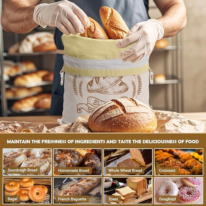 Large Linen Beeswax Bread Bags Sourdough Bread Bags Reusable Double-Lock Freezer Baking Container Gift Giving for Homemade,Loaf,Sourdough,Food Storage (Plain Colour 1 PCS)