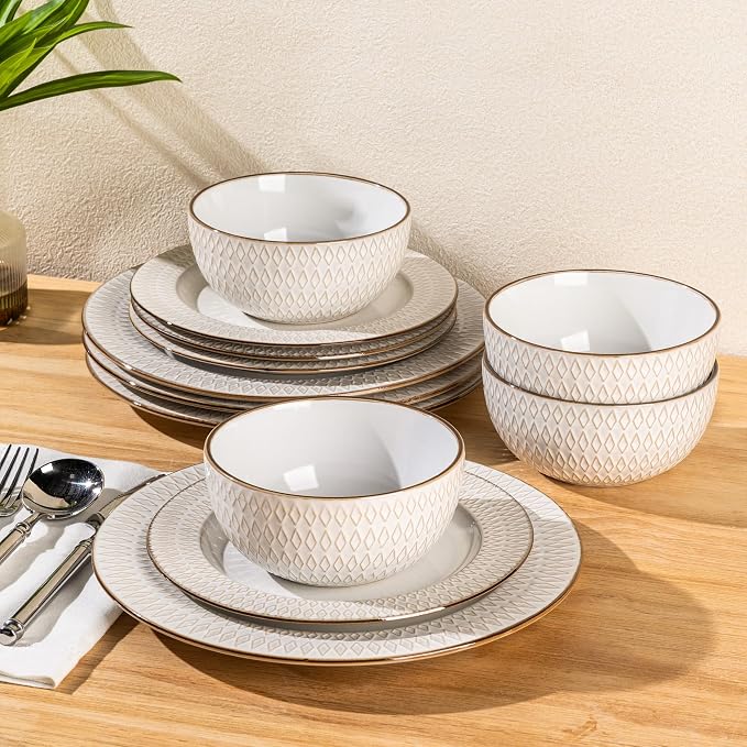 GBHOME Ceramic Dinnerware Sets,12 pcs Embossed Elegant Stoneware Plates and Bowls Sets, Housewarming Wedding Gift | Dishwasher & Microwave Safe | Dishes Set Service for 6