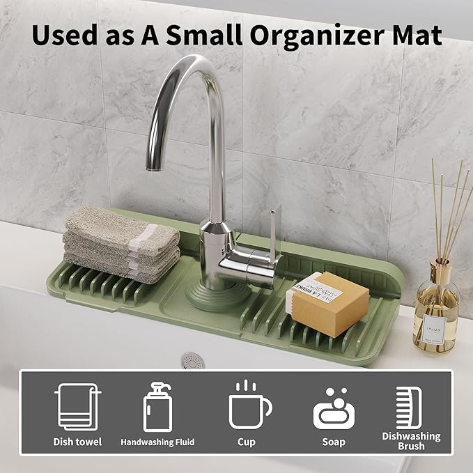 WAFT YEARN 14X5 Inch Silicone Durable Faucet Mat Kitchen Sink Splash Guard Draining Protector Tray Liner Absorbent Protective Counter Accessories For Sink Kitchen Bathroom Laundry Room Bar & RV Green
