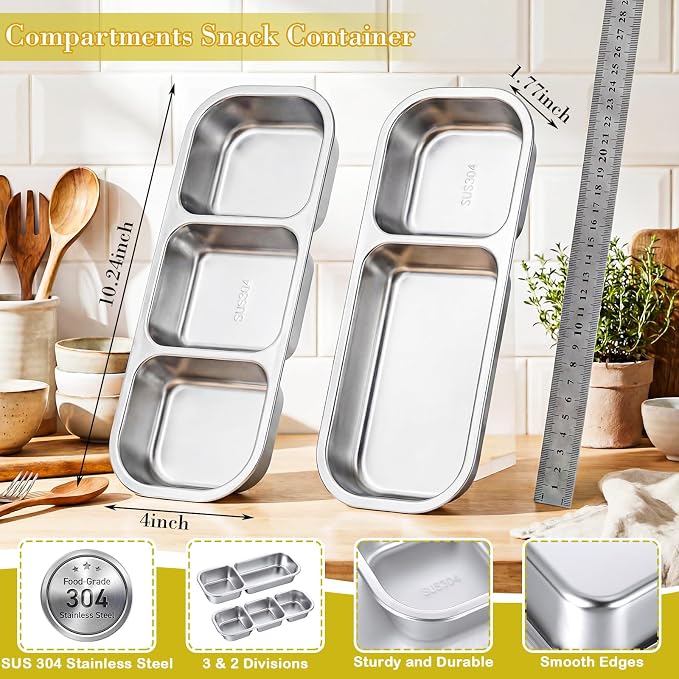 8 Pack Stainless Steel Snack Containers with Leak Proof Lids, 2/3 Compartments Metal Bento Lunch Box, Reusable Divided Food Storage Container for Adults Home Travel Work (Yellow)