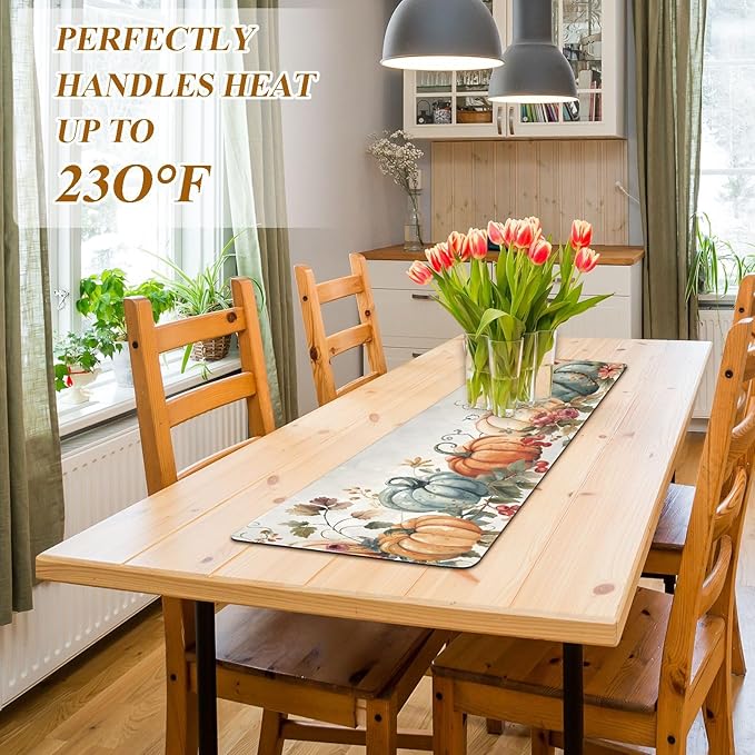 Thanksgiving Pumpkins Trivet Table Runner 40 Inches Long Fall Autumn Leaves Trivet for Hot Pots and Pans/Hot Dishes,Table Protector Heat Up to 230F, Decorative Hot Plates Mat for Kitchen Countertop