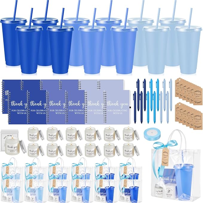 Nuogo 12 Sets New Parent Shower Prizes for Player Winners Adult, Wedding Bridal Shower Gift, Plastic Tumbler Notebook Scented Candle Ballpoint Pen Bag (Gradient Blue,Classic Style)