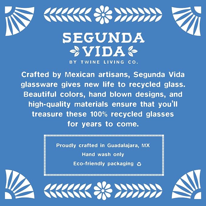 Twine Segunda Vida Artistico 100% Recycled Glassware Tumblers, Hand Blown Cocktail Glasses for Dinner Party, Icon Glasses Gifts, Stemless Margarita Mexican Glassware, Set of 2, 13 oz, Multicolor