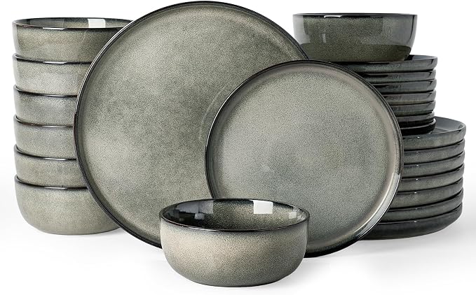 Famiware Milkyway Stoneware Dinnerware Set, 24-Piece, Double Reactive Glaze, Plates and Bowls, Service for 8, Microwave and Dishwasher Safe, Scratch-Resistant, Greenish Brown