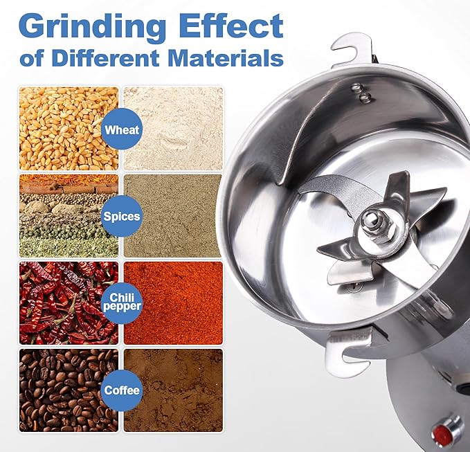 750g Electric Grain Mill Grinder, 304 Stainless Steel Flour Mill, 2800W High Speed Spice Grinder, Electric Grain Mill for Dry Wheat, Oats, Corn, Pepper and Coffee Beans