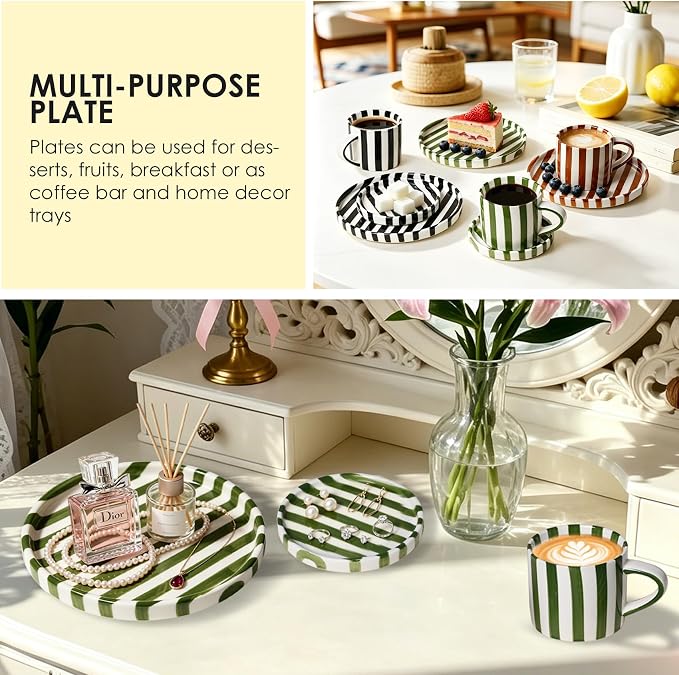 Ceramic Coffee Mug Set with Plates, 3-Piece Black Striped Mug Coffee Mug Ceramic Tea Cups and Saucers & Dessert Plate, Unique Coffee Mugs, M/W, D/W & Fridge Safe, Gift for Women, Coffee Lover Gifts