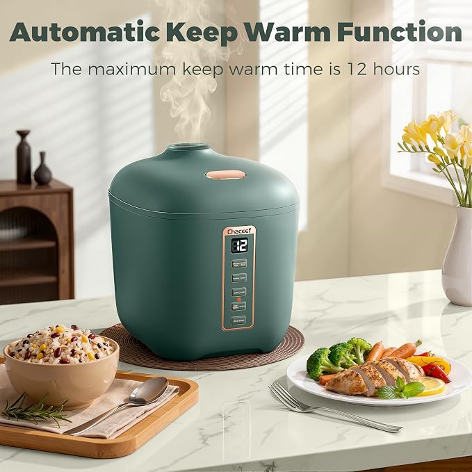 CHACEEF Mini Rice Cooker 2 Cups Uncooked, 1.2L Rice Cooker Small, Portable Non-Stick Small Travel Rice Maker, BPA Free, Smart Control Multifunction Cooker with 24 Hours Timer Delay & Keep Warm Function, Green