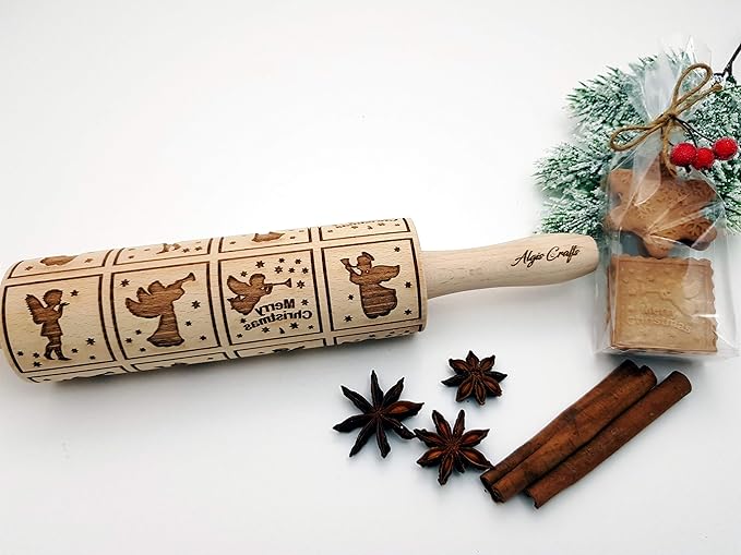 Embossing Rolling Pin for Christmas Cookies, Gingerbread, Shortbread by Algis Crafts (Christmas Angels)