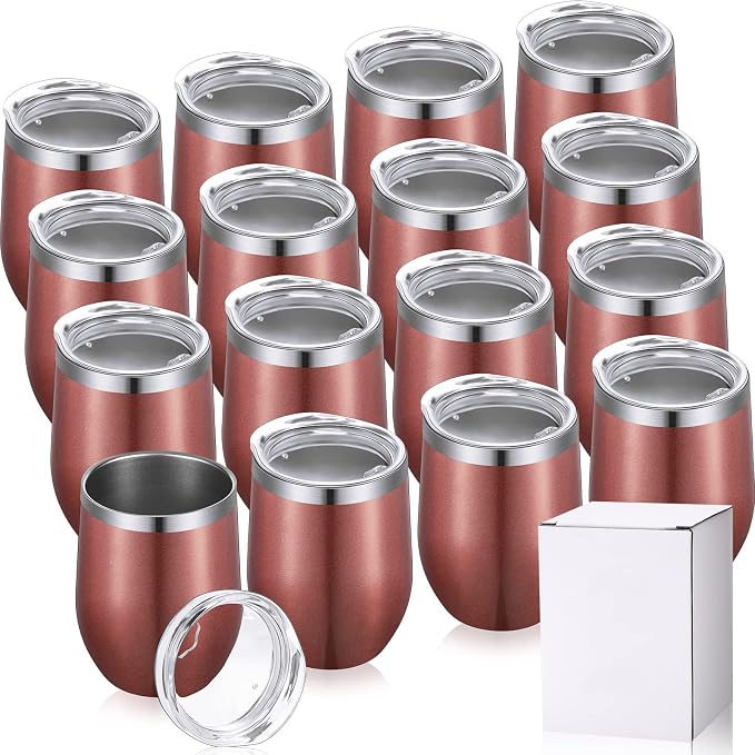 Remagr 16 Pack Stainless Steel Wine Tumblers 12 oz Insulated Vacuum Wine Cup Set Double Wall Stainless Steel Stemless Mug Glasses for Coffee Soda Whiskey Outdoor Travel (Rose Gold)