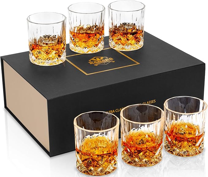 KANARS Whiskey Glasses Set of 6 with Elegant Gift Box,10 Oz Premium Old Fashioned Crystal Glass Tumbler for Liquor, Scotch, Cocktail or Bourbon Drinking, Gifts for Birthday Thanksgiving Father's Day
