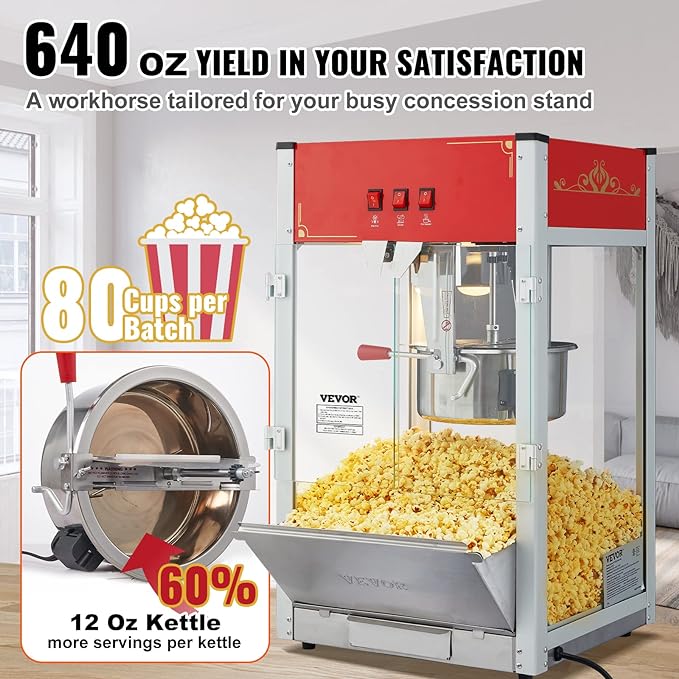 VEVOR Commercial Popcorn Machine, 12 Oz Kettle, 1440 W Countertop Popcorn Maker for 80 Cups per Batch, Theater Style Popper with 3-Switch Control Steel Frame Tempered Glass Doors 1 Scoop 2 Spoons, Red | 80 Cups per Batch, Theater Style Popper with 3-Sw...