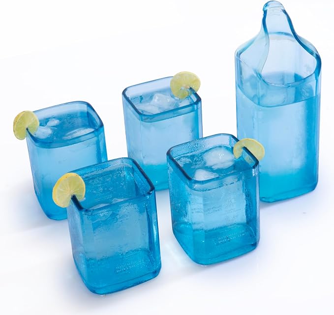 Upcycled Bombay Sapphire Gin Glasses and Pitcher Set of 5 | Eco-friendly Glasses for Drinks Handcrafted from Gin bottles | Ideal for Gin, Whiskey, Rum, Juices, Smoothies, Cocktails