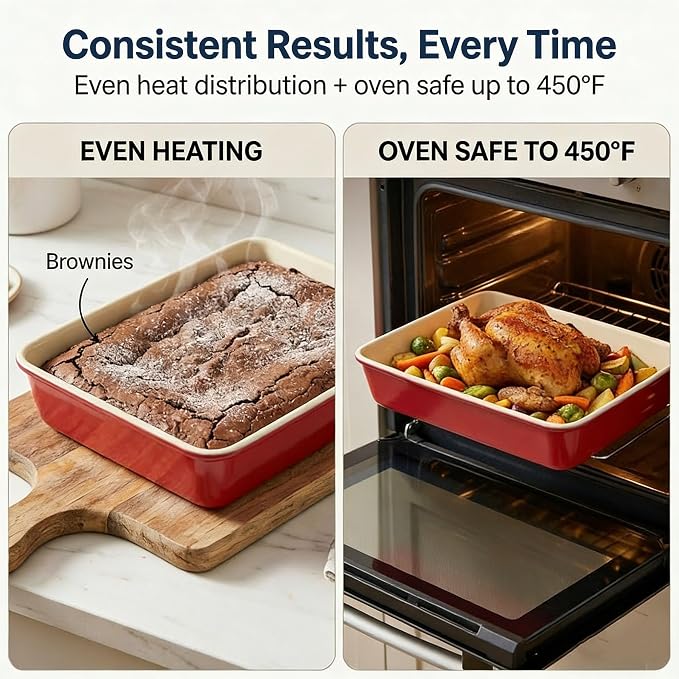 9x13 Inch Baking Pan, 2 Pack – Heavy Duty Carbon Steel Non-Stick Lasagna Pan, Deep Rectangular Cake Pan for Casseroles, Brownies & Roasting, Warp-Resistant, Oven Safe to 450°F, PFOA Free