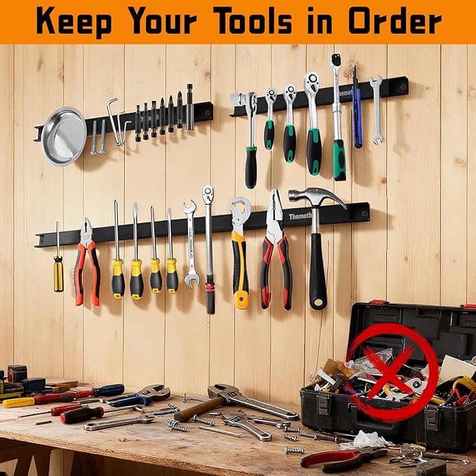 18" Magnetic Tool Holder Strip, 4 Pieces Black Metal Tool Organizer Rack with Stainless Steel Surface, Magnet Bar for Garage Workshop, Easy To Install with Mounting Screws