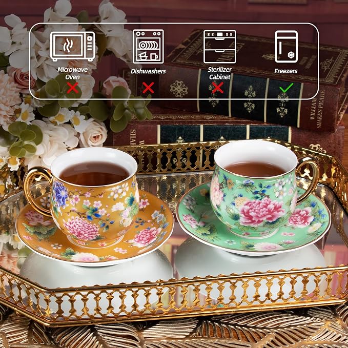 KAMMAK Tea Cups and Saucers Set of 2, Porcelain Coffee Cups, 7.1oz Stackable Espresso Mugs, Ceramic Demitasse for Coffee, Latte, Americano, Tea (942N+944N)