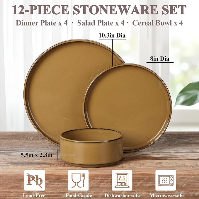 Herogo 12 Pieces Stoneware Dinnerware Set for 4, Ceramic Dinner Dishware Sets for Home Kitchen, Plates and Bowls with Rustic Terracotta Bottom, Dishwasher & Microwave Safe, Earthen Brown