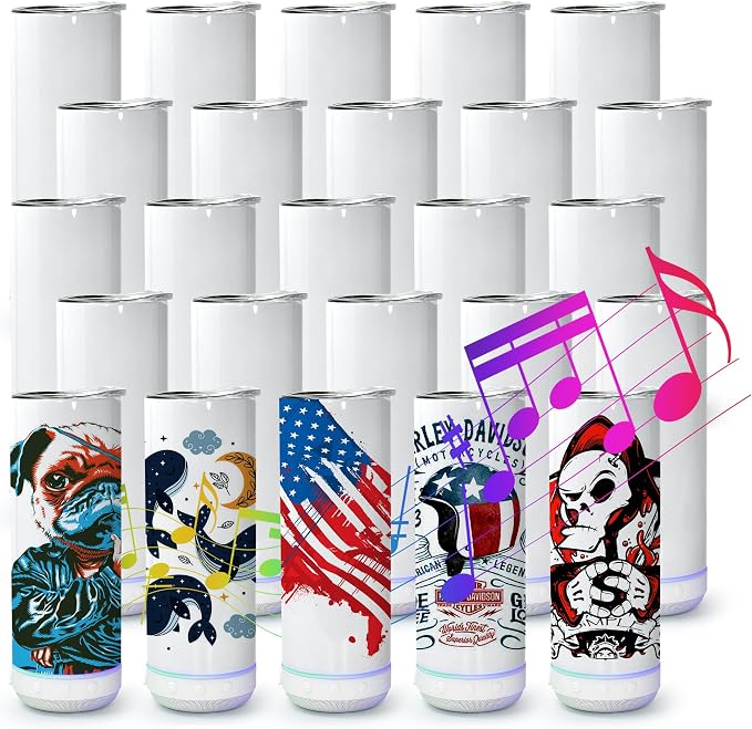 sweet grain Music Speaker Tumbler(25Pack) - 20 oz Sublimation Tumbler Skinny Straight with Speaker, Straw & USB Charging Cable, Music Tumbler Cup - White
