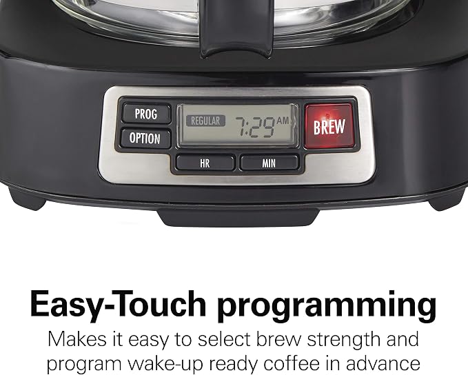 Hamilton Beach 5 Cup Drip Coffee Maker with Easy FrontFill Basket | Compact Design | Programmable Clock | Glass Carafe | Auto Pause and Pour | Black & Stainless Steel | 46111