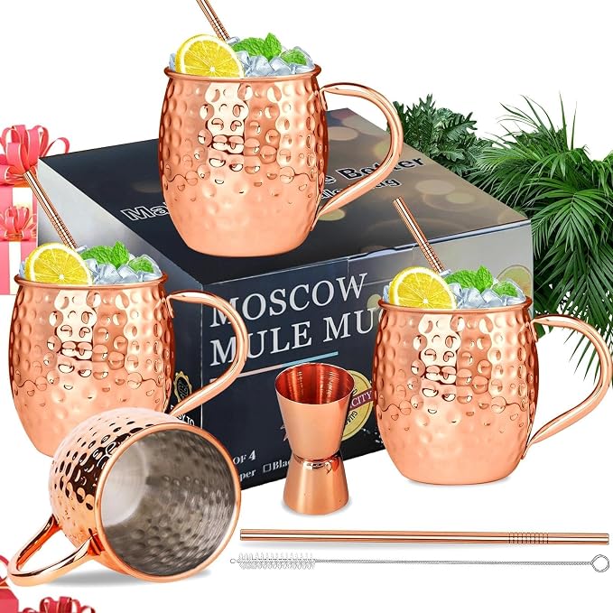 Moscow Mule Copper Plated Mugs Moscow Mule Cups Kit 19oz Set of 4 with Handle Large Hammered Stainless Steel Cups with 0.5oz Double Jigger, Stainless Steel Straws for Cold Drinks Cocktails Wine