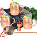 Moscow Mule Copper Plated Mugs Moscow Mule Cups Kit 19oz Set of 4 with Handle Large Hammered Stainless Steel Cups with 0.5oz Double Jigger, Stainless Steel Straws for Cold Drinks Cocktails Wine