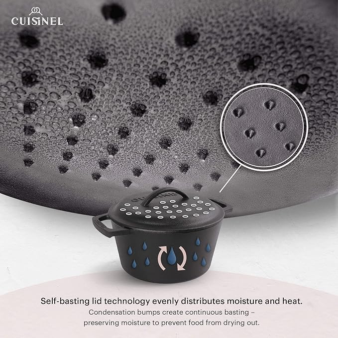 Cuisinel Cast Iron Dutch Oven - 3-Quart Deep Pot + Lid + Pan Scraper + Handle Covers - Large Pre-Seasoned Cooker for Baking Bread, Soup, Frying - Indoor/Outdoor - BBQ Cookware. PFAS and PFOA-free