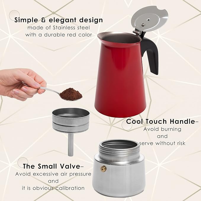 Mixpresso Stovetop Espresso Coffee Maker 15oz/9 Espresso Cup, Moka Coffee Pot with Coffee Percolator Design, Stainless Steel Stovetop Espresso Maker, Italian Coffee Maker, Bundle With 3 Piece Red Cani