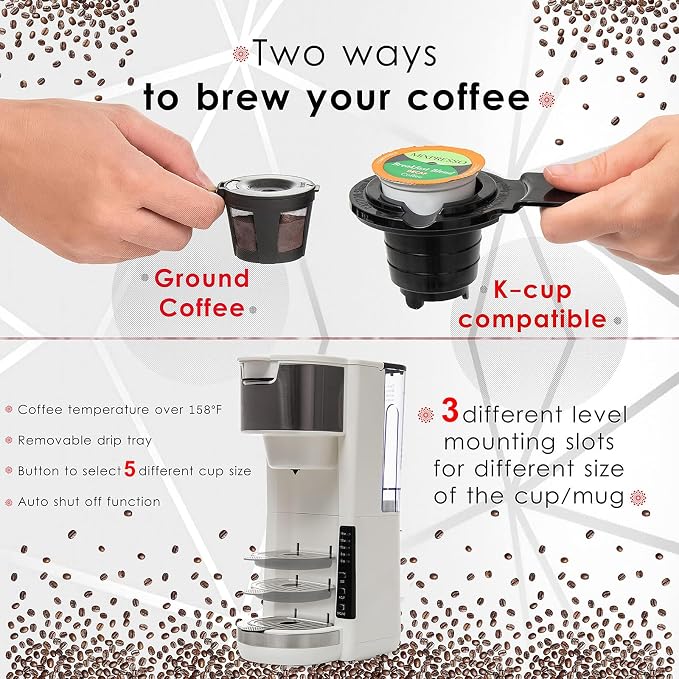Single Serve Coffee Maker, 2 in 1 for Ground Coffee&Pods, 180s Rapid Brew with 5 Cup Sizes 6-14oz, Auto Shut Off, Small Compact Travel Coffee Machine for Home Office Camping