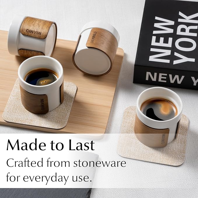 MIAMIO – Espresso Cups Set of 4 (3.5 oz) Japanese Tea Cups Ceramic/Handleless Mug with removable Wooden Cuff/Coffee Cups without Handle (White)