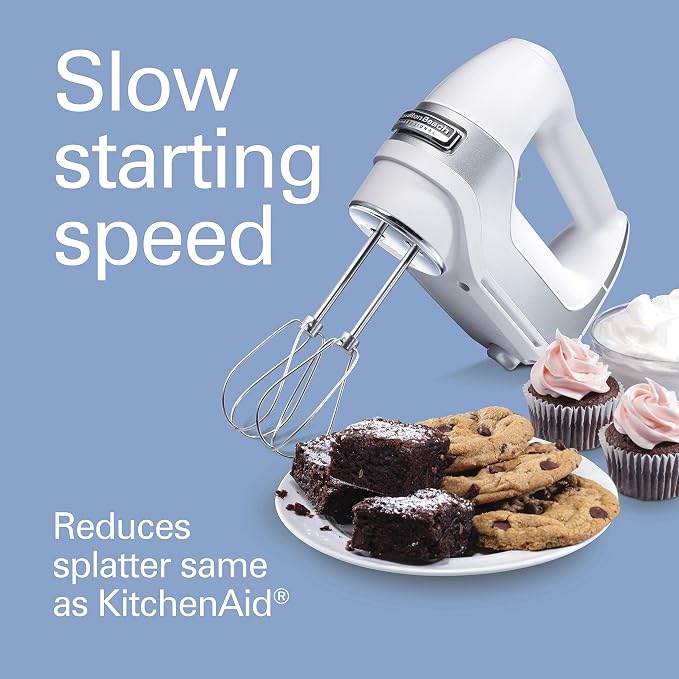 Hamilton Beach Professional 5-Speed Electric Hand Mixer | High-Performance DC Motor | Slow Start | Snap-On Storage Case | Stainless Steel Beaters & Whisk | White| 62652
