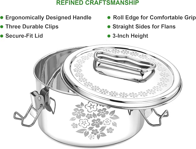 Stainless Steel Flanera (Laser Design), 6 x 6 x 3.5 Inches Flan Pan, Capacity 38 fl. oz, Compatible with Instant Pot 3qt, Molde Para Flan