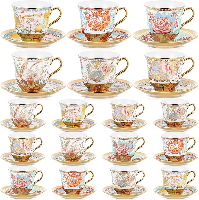 Teenyyou Set of 18 Tea Cups and Saucers Tea Party Decorations Floral Porcelain 5.4 oz British Gift for Women Birthday Party, Church, and Mother's Day (Vibrant Style)