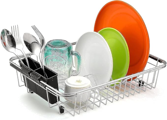 iPEGTOP Expandable Dish Drying Rack, Over The Sink Dish Rack, in Sink Or On Counter Dish Drainer with Black Utensil Holder Cutlery Tray, Rustproof Stainless Steel for Kitchen