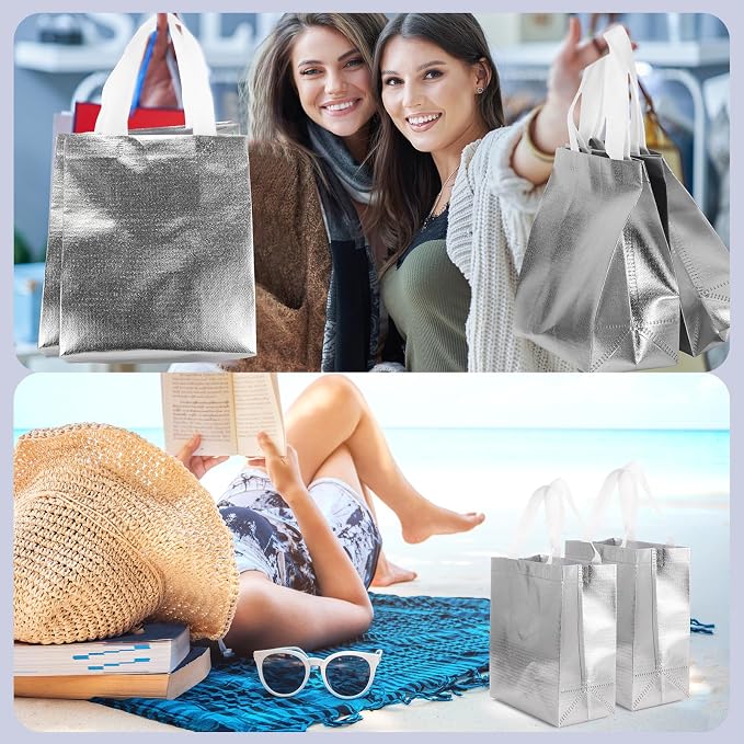 Eccliy Reusable Gift Bags Set Glossy Grocery Gift Tote Bag with Handle for Wedding, Bridal Shower, 4th of July, Summer Event(10 x 8 x 4.7 Inch,Silver,80 Pcs)