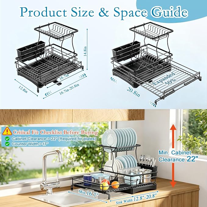 2 Tier Dish Drying Rack, Large Extendable Dish Racks for Kitchen Counter , Dishrack with Drainboard, 2-in-1 Anti-Rust Stainless Steel Dish Drainer with Utensil Holder (Black, double of Dish Rack)