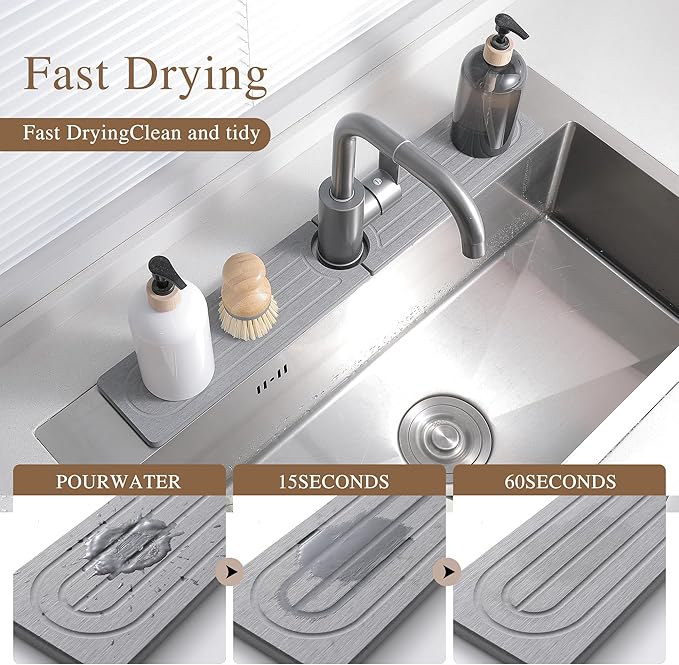 Faucet Mat for Kitchen Sink -Diatomite Stone Drying Mat for Kitchen Counter & Bathroom Sink,Quick-Dry Kitchen Sink Mat-Sink Protector & Splash Guard,Super Absorbent (Gray, 15.8"x4")