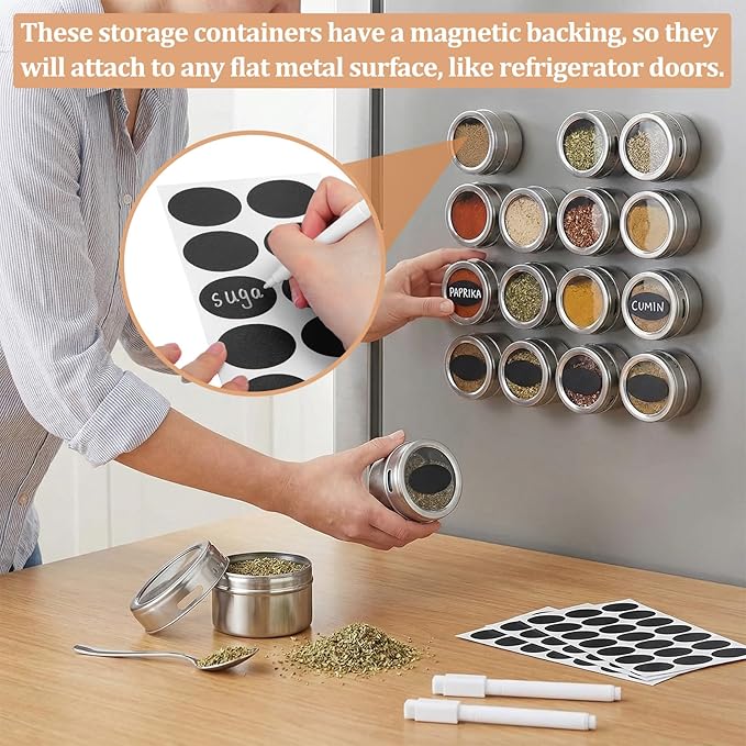 CHENGU 8 Pack Magnetic Spice Jars for Refrigerator 3 oz Magnetic Spice Containers Stainless Steel Seasoning Tins with Clear Lid, with Labels Marker and Pens for Grill Kitchen Fridge Rack Travel