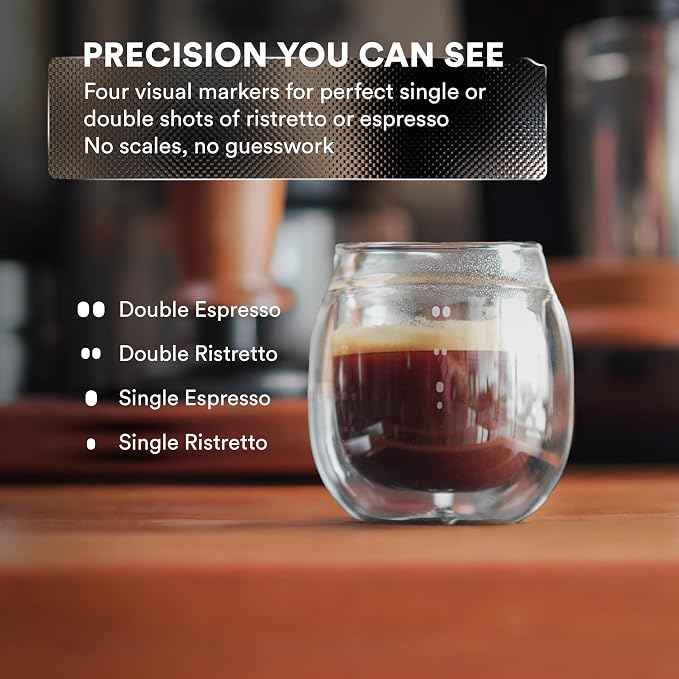 ovalware 8.5oz Double Wall Latte Cups, Latte Set of 2 Sized Cups with Wide Rim for Artistic Designs - Stealth Gray and Espresso Pouring Glass Set of 2 | Double-Wall 2.7oz/80ml Shot Measuring Cup