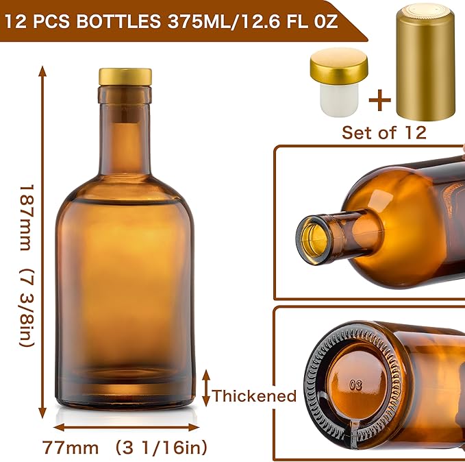 Danmu 12 fl.oz.Glass Bottles with Airtight Lid,Thick Base Glass Bottles with T-Top Cap,Glass Bottles for Liquor,Wine,Beverages,Oil,Vinegar,Kombucha,Beer,with Cork Stopper,375ml 12 Pack